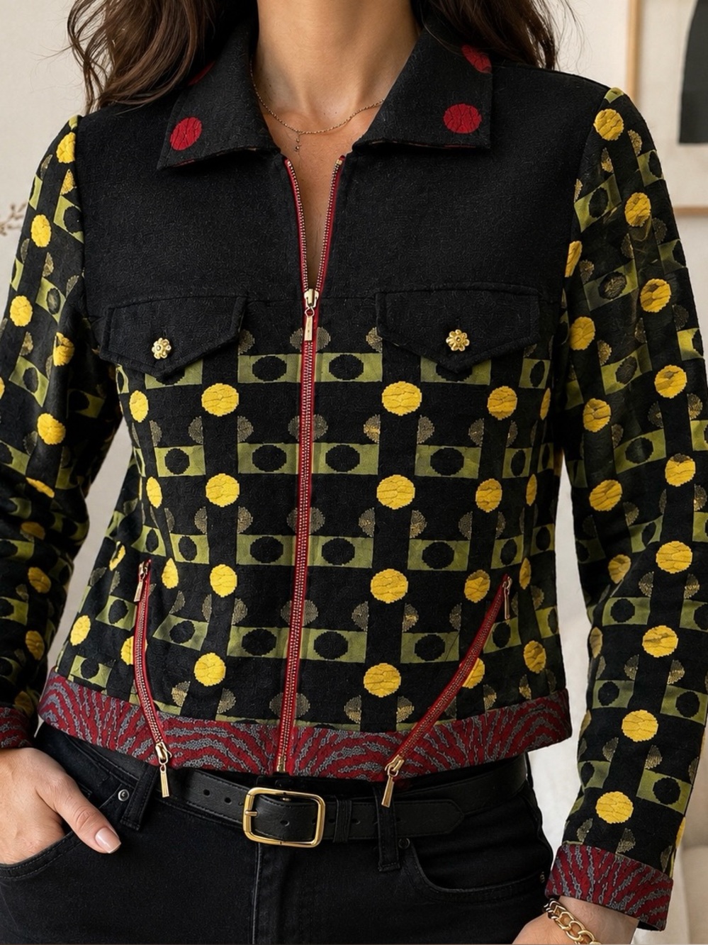 Eva Claudi Womens L Abstract Graphic Zip Cardigan Jacket Art To Wear Crop